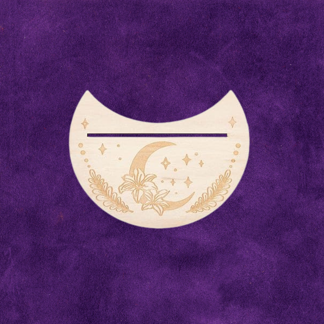 Wooden Moon Shape Card Holder with Moon Phase and Flower Motif