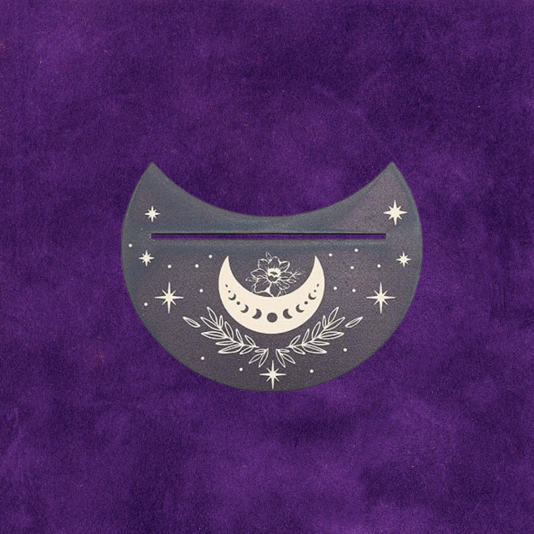 Wooden Moon Shape Card Stand with Moon Phase and Flower Motif Black