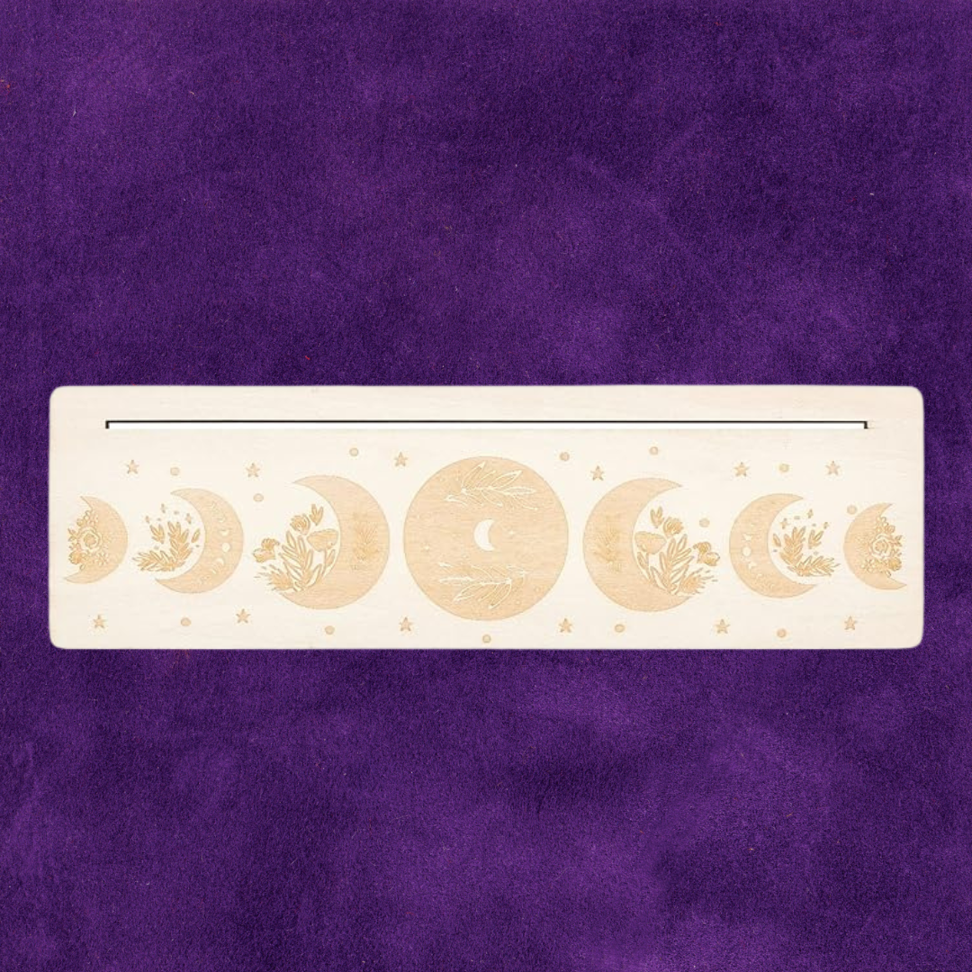 Wooden Rectangle Card Stand Holder with Moon Phase and Flower Motif