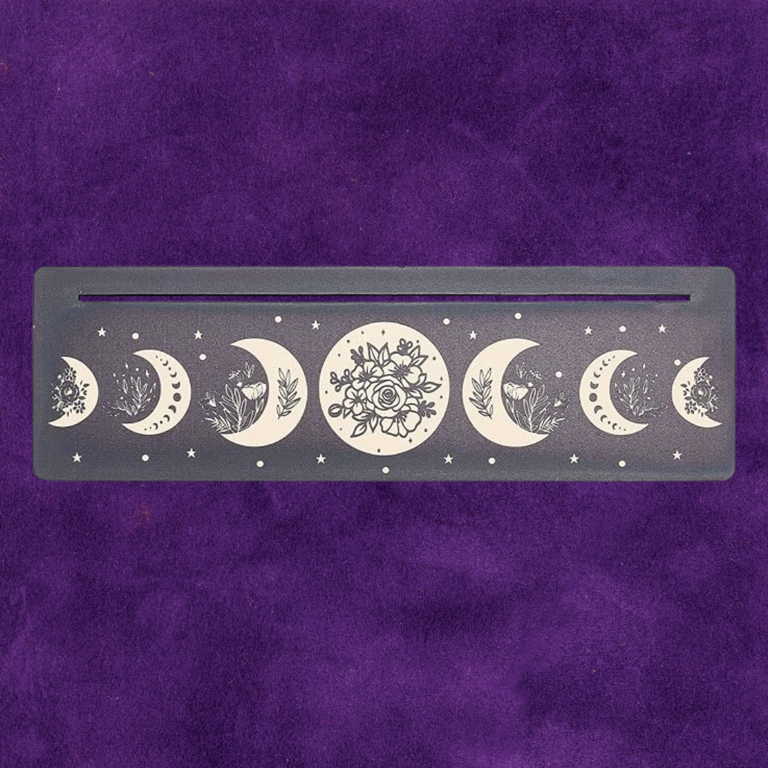 Wooden Rectangle Card Stand Holder with Moon Phase and Flower Motif Black