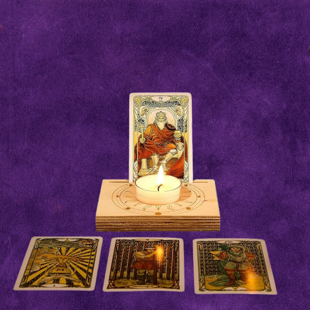 Wooden Card Stand Candle Holder Moon Phase and Sun Motif