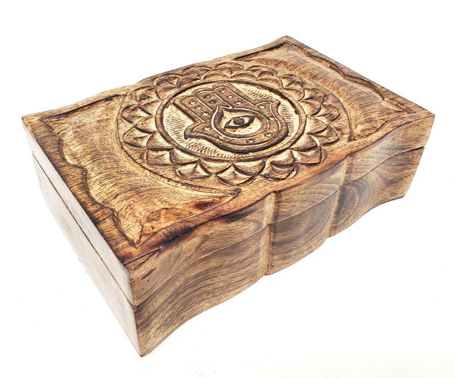 Hamsa Hand Evil Eye Carved Wood Box