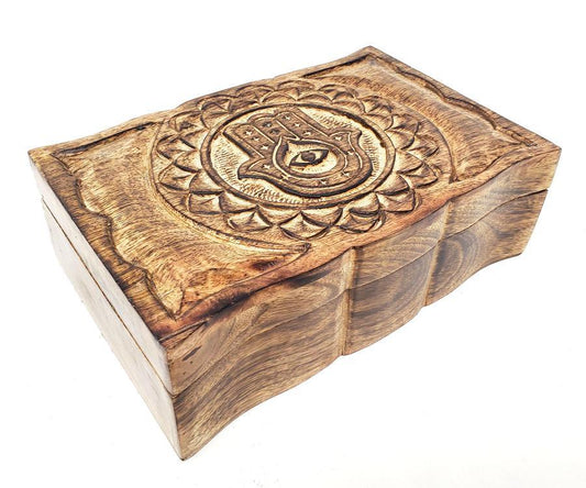 Hamsa Hand Evil Eye Carved Wood Box